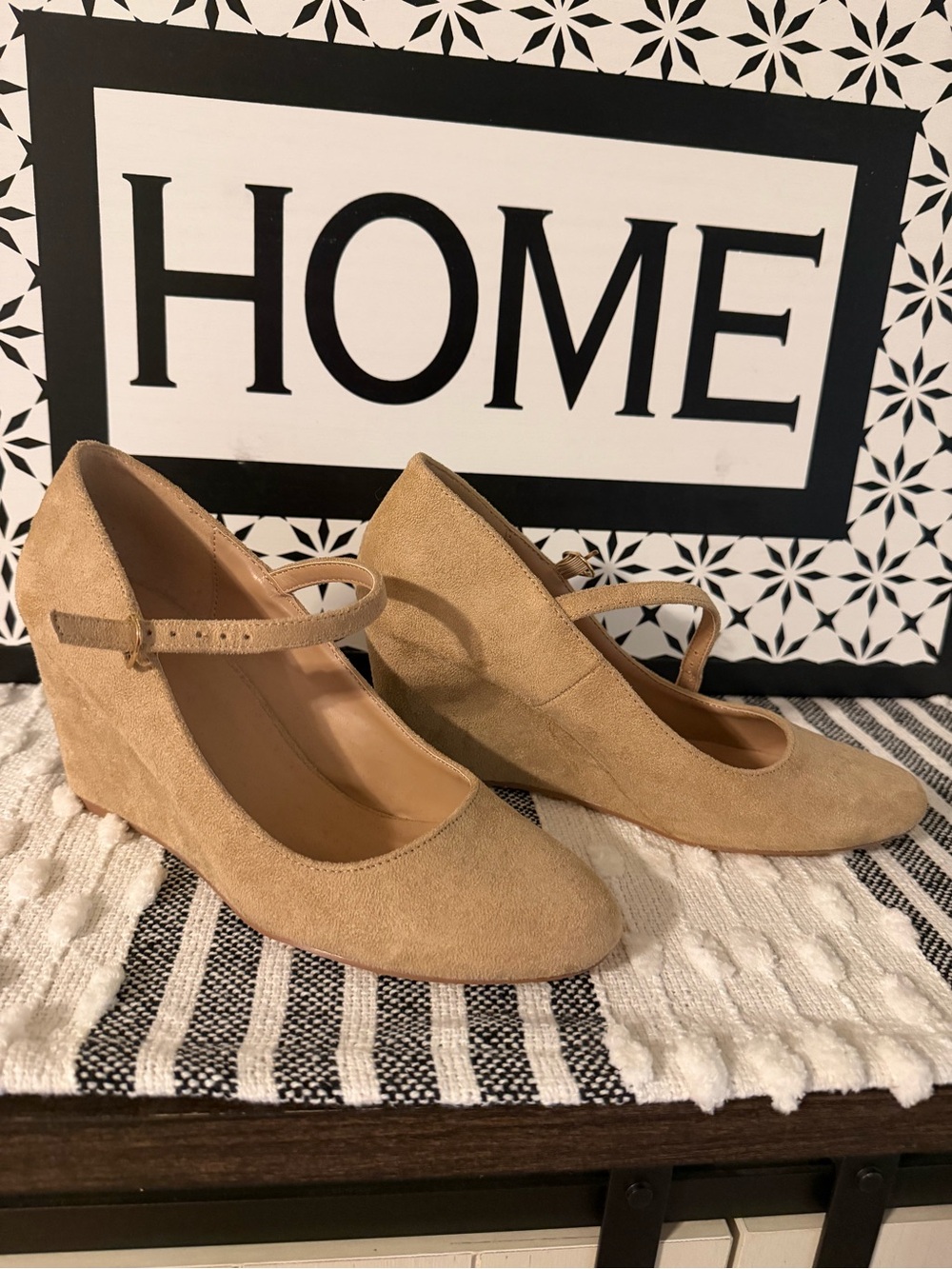 Women's Suede Mary Jane Wedge Pumps in Tan